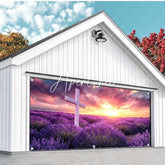 Aperturee - Aperturee Sunrise Purple Floral Cross Easter Garage Door Banner